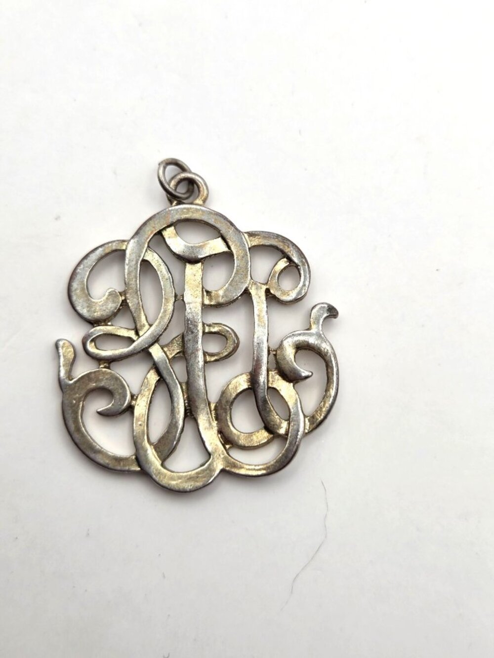 Vintage Silver Tone Monogram Pendant With Ornate Swirl Design